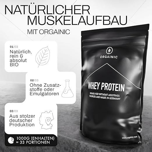 Orgainic - Bio Whey-Proteinpulver (Neutral, Vainille, Erdbeere, Himbeere, Banane)) - 1000g