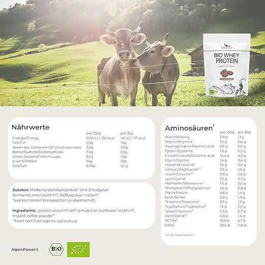 AlpenPower - Bio Whey Protein (Kaffee, Zitrone, Apfelstrudel, Joghurt-Wildberry) - 500g