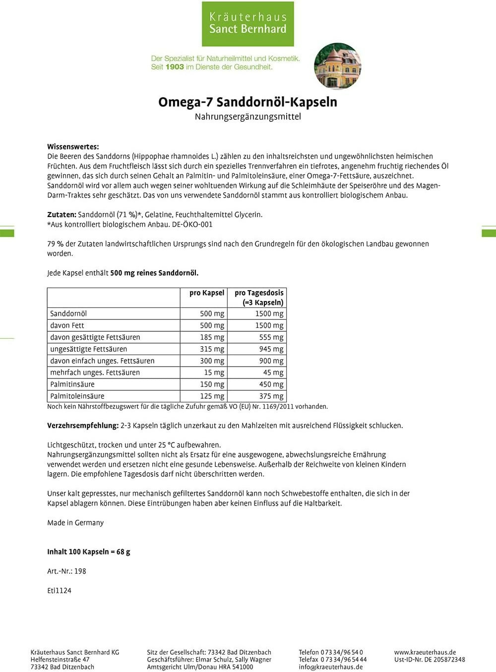 Kräuterhaus Sanct Bernhard - Omega 7 Sanddornöl - 100 Kapseln