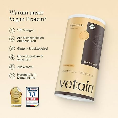 Vetain - Vegan Protein Pulver (Vanille, Haselnuss, Iced Coffee, Matcha-Latte, Zimt, Waldbeere, Schokolade) - 600g